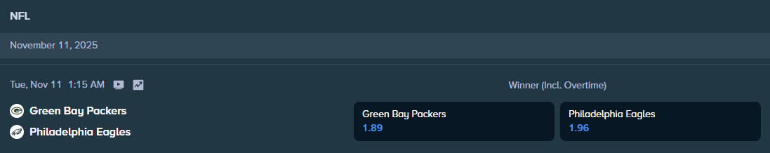 stake.com betting odds for the match between eagles and packers nfl